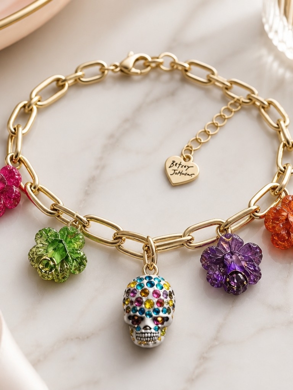 Betsey Johnson Gold-Tone Multi-Color Skull & Flower Charm Bracelet